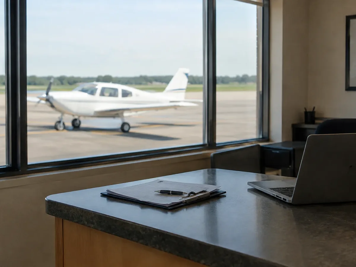 An empty flight school front desk with a laptop, a small plane parked outside the window